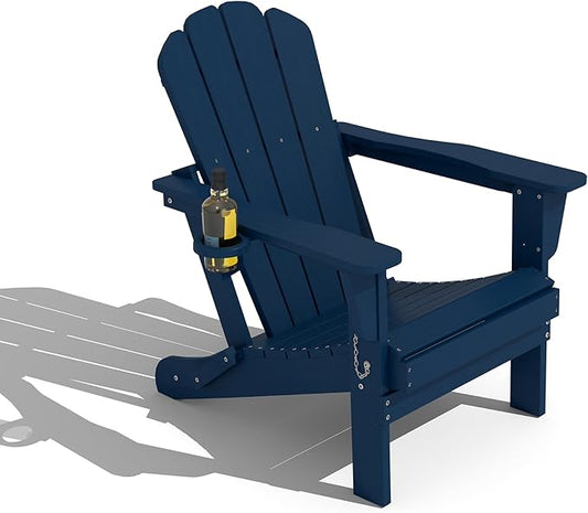 Domi Folding Adirondack Chair, HDPE All-Weather Adirondack Chairs with Cup Holder, Outdoor Plastic Fire Pit Chairs Wood Texture for Poolside, Patio, Backyard, Deck (Blue)