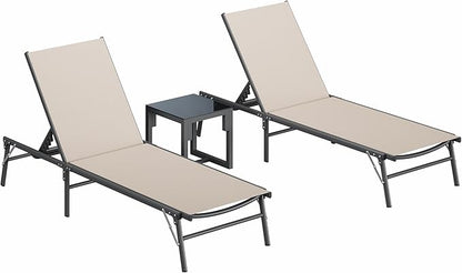 Amopatio Folding Lounge Chairs Chaise Lounge for Outside Portable Pool Lounge Chairs Set of 2 with Side Table for Patio Poolside Deck Yard, Weather Resistant, 5-Position Adjustable Backrest