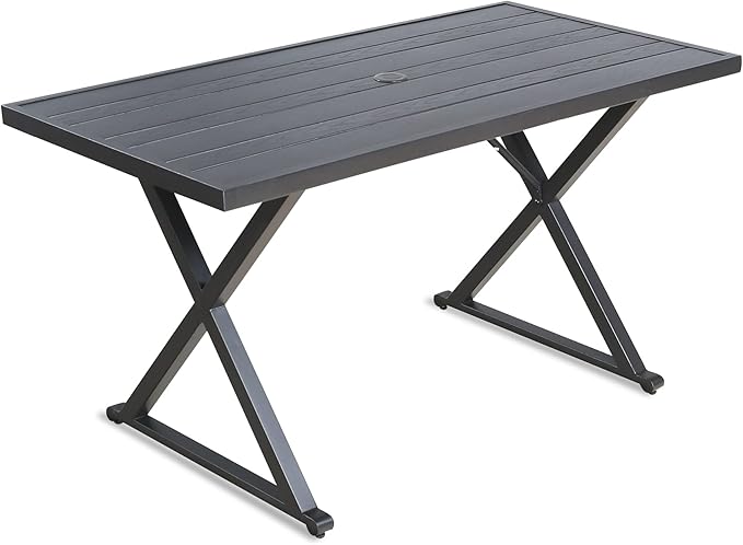 Ulax furniture Rectangle Outdoor Patio Dining Table - 55 x 28 Inches Steel Frame Table with Umbrella Hole for Garden, Lawn, Deck