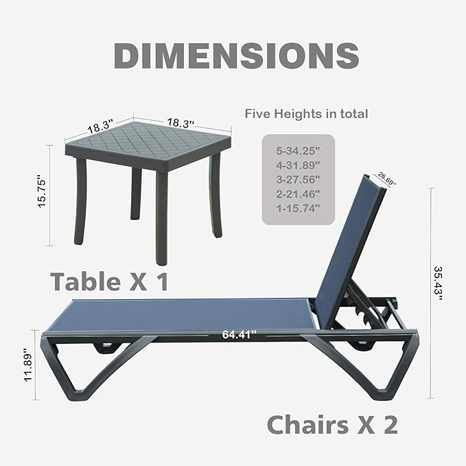Outdoor Chaise Lounge 3 Pieces Aluminum Patio Lounge Chair with 5 Adjustable Position Recliner Chair Outside Tanning Chairs for Patio, Beach, Yard, Pool, Side Table Included (Navy Blue)