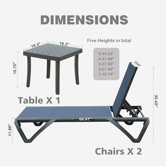 Outdoor Chaise Lounge 3 Pieces Aluminum Patio Lounge Chair with 5 Adjustable Position Recliner Chair Outside Tanning Chairs for Patio, Beach, Yard, Pool, Side Table Included (Navy Blue)