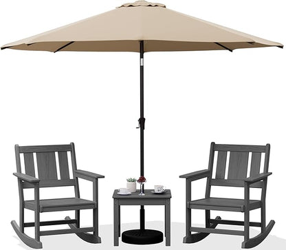 SERWALL Outdoor Rocking Chairs Set of 2 with 1 Side Table & 9ft Patio Umbrella, All-Weather HDPE 3 Piece Patio Furniture Set, Patio Bistro Set with Umbrella Hole for Porch Deck Lawn Balcony, Grey