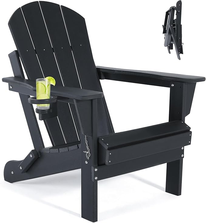 Folding Adirondack Chairs - Plastic Adirondack Chair with Cup Holder, Outdoor Chairs Weather Resistant for Outside, Patio, Lawn, Garden, Backyard Deck, Fire Pit - Black