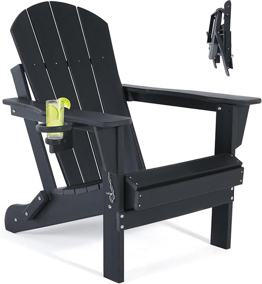Folding Adirondack Chairs - Plastic Adirondack Chair with Cup Holder, Outdoor Chairs Weather Resistant for Outside, Patio, Lawn, Garden, Backyard Deck, Fire Pit - Black