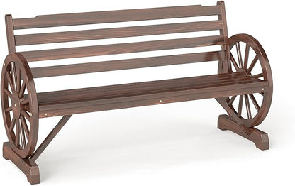 FIZZEEY Outdoor Bench - 52" Long Outside Garden Bench with Slatted Backrest & Wagon Wheel Armrests, Porch Furniture for Porch, Yard, Lawn, Rustic Brown