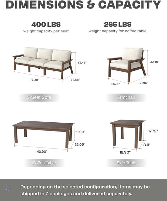 HDPE Patio Furniture Set 10 Seats, Outdoor Couch with Washable Thick Beige Cushions & Coffee Table & Side Table, Outdoor Sectional Furniture for Backyard, Deck, Lawn, Porch (Brown Frame)