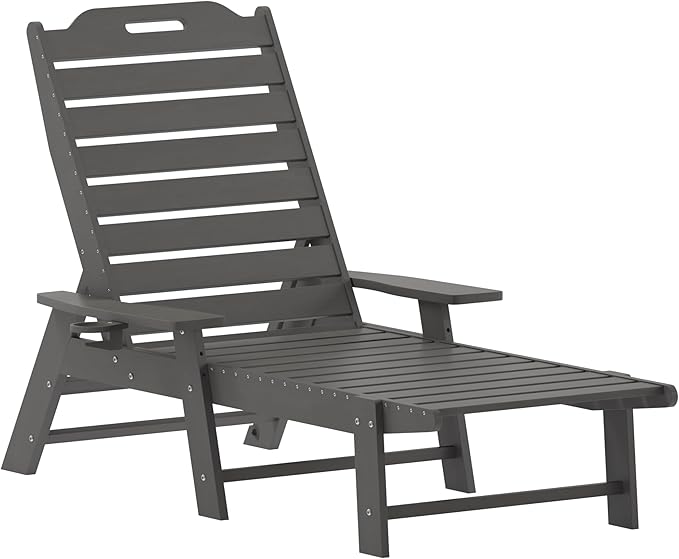 Flash Furniture Monterey Adjustable Adirondack Lounger with Cup Holder- All-Weather Indoor/Outdoor HDPE Lounge Chair, Gray
