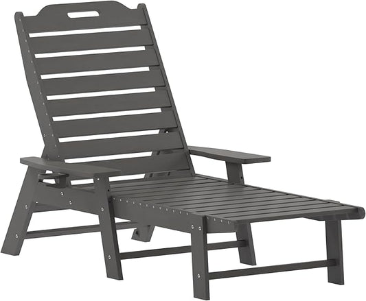 Flash Furniture Monterey Adjustable Adirondack Lounger with Cup Holder- All-Weather Indoor/Outdoor HDPE Lounge Chair, Gray