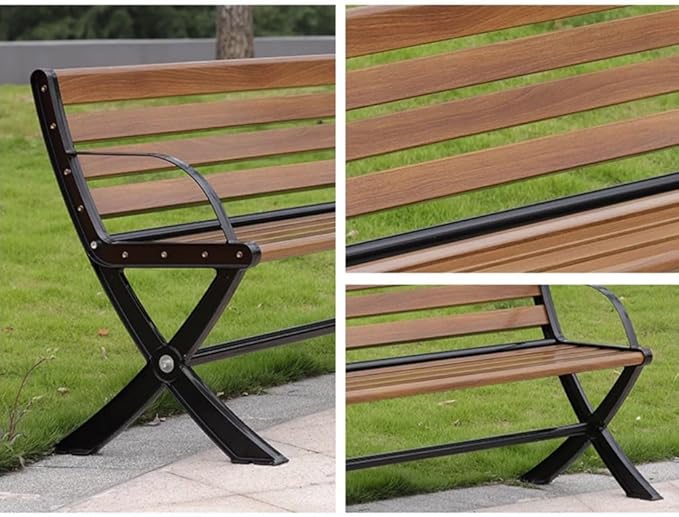 LITFAD Outdoor Bench Modern Park Bench with Corrosion Resistant Metal Frame, Red Brown Wooden Seating with Backrest, Garden Bench for Patio, Lawn, Yard, Porch - Type C, 71" L x 21" W x 28" H