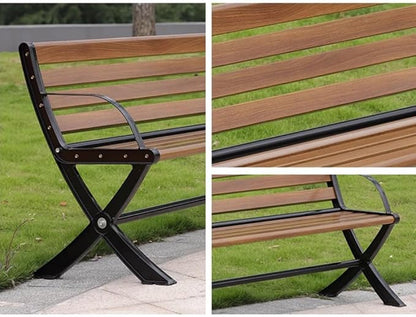 LITFAD Outdoor Bench Modern Park Bench with Corrosion Resistant Metal Frame, Red Brown Wooden Seating with Backrest, Garden Bench for Patio, Lawn, Yard, Porch - Type C, 71" L x 21" W x 28" H