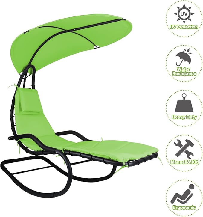 Outdoor Hammock Rocking Chaise Lounge Swing Chair, with Stand and Canopy, Porch Swing w/Soft Cushion Removable Headrest - Photo 4
