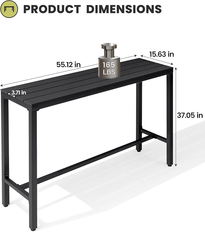 Crestlive Products Outdoor Bar Table, 55'' Rectangle Patio Counter Height Table High Pub Table with Waterproof Top and Sturdy Metal Frame for Balcony, Bistro, Garden, Backyard, Hot Tub (Black)