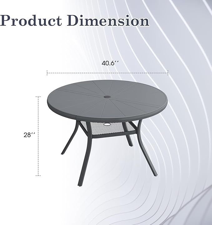 Outdoor Patio Round Dining Table for 4, 40.7" x 40.7" Sleek Aluminum Dining Table with Umbrella Hole for Backyard Garden Lawn Deck, Dark Grey