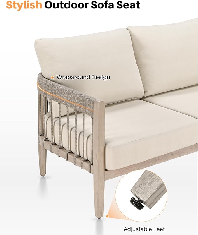 3-Seater Outdoor Aluminum Sofa, Never-Rust Patio Sofa Couch with Faux Wood Grain Finish Frame, Rope Weave Outdoor Sofa - Photo 8