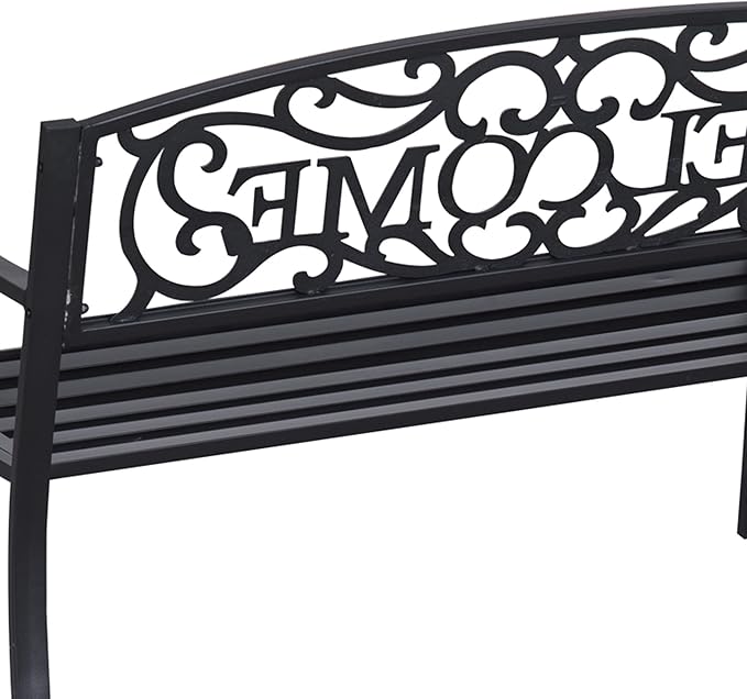 50" Outdoor Welcome Bench, Metal Garden Bench with Slatted Seat, Patio Bench with Backrest and Armrests for Park, Porch, Yard, Lawn, Black