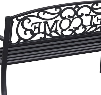 50" Outdoor Welcome Bench, Metal Garden Bench with Slatted Seat, Patio Bench with Backrest and Armrests for Park, Porch, Yard, Lawn, Black