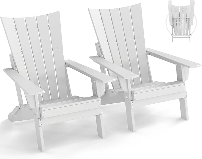 GREENVINES Folding-Adirondack-Chairs-Set-of-2 | HDPE Plastic | Arch Series | Fire Pit Chair | All Weather | for Outdoor Patio Deck Backyard Poolside | White