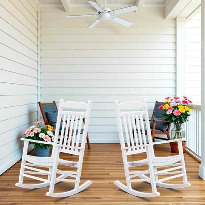 White Porch Rockers for Wooden Adults Furniture Set of 2 Outside Rocking Chair for Patio Lounge Balcony，Suitable for Indoor and Outdoor Use