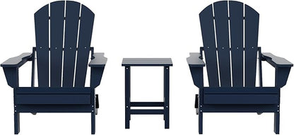 Costaelm 3 piece Patio Set, Outdoor Modern Adirondack Table and Chairs, All Weather Balcony Furniture Set Lounge Firepit Chairs for Outside Deck Garden Lawn Pool, Navy Blue