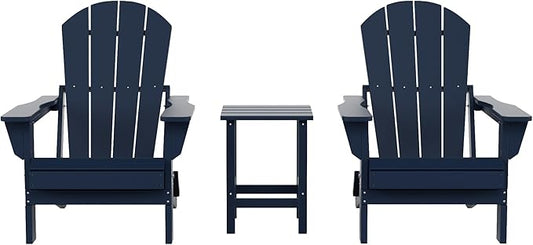 Costaelm 3 piece Patio Set, Outdoor Modern Adirondack Table and Chairs, All Weather Balcony Furniture Set Lounge Firepit Chairs for Outside Deck Garden Lawn Pool, Navy Blue