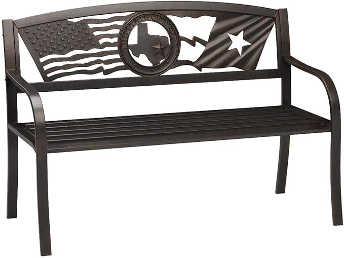 Leigh Country Flags Over Texas Metal Bench, Outdoor Decorative Patio Seating for Porch/Deck