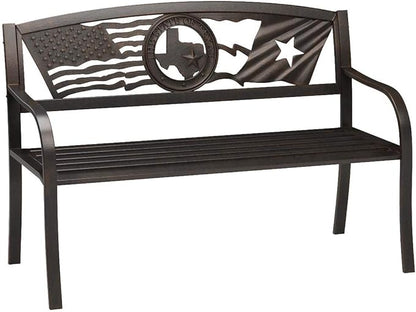 Leigh Country Flags Over Texas Metal Bench, Outdoor Decorative Patio Seating for Porch/Deck
