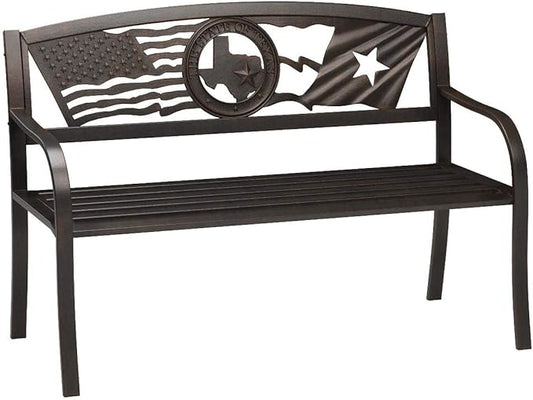 Leigh Country Flags Over Texas Metal Bench, Outdoor Decorative Patio Seating for Porch/Deck