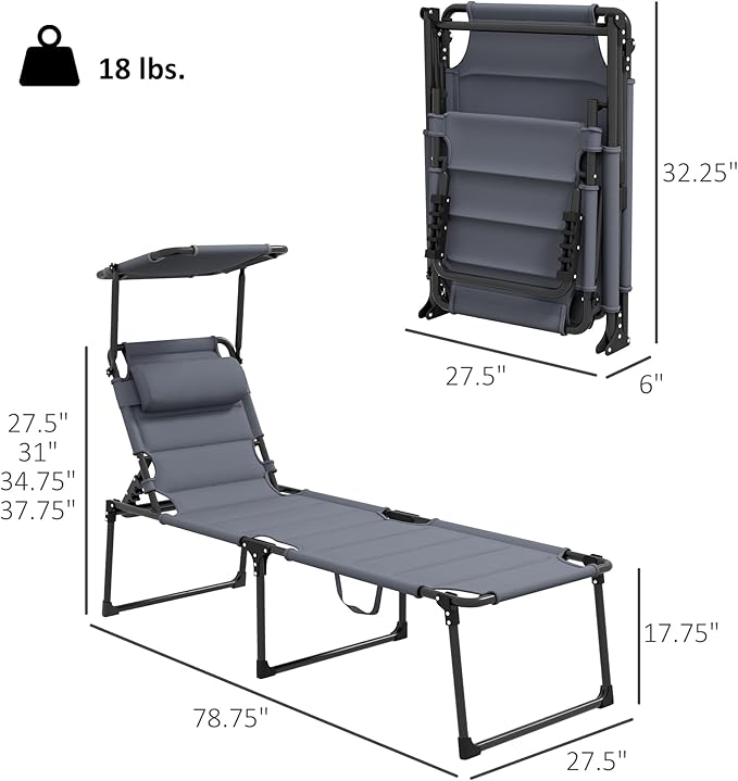 Outsunny 2 Pieces Outdoor Lounge Chair, Adjustable Backrest Folding Chaise Lounge, Cushioned Tanning Chair with Sunshade Roof & Pillow Headrest for Beach, Camping, Hiking, Gray