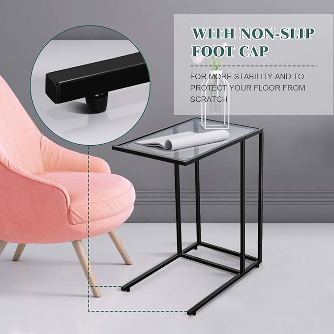 Tangkula Sofa Side End Table, C Shaped Patio Side Table Snack Table with Glass Top & Steel Frame, Portable Indoor Outdoor Couch C Table End Table Laptop Desk Coffee Tray