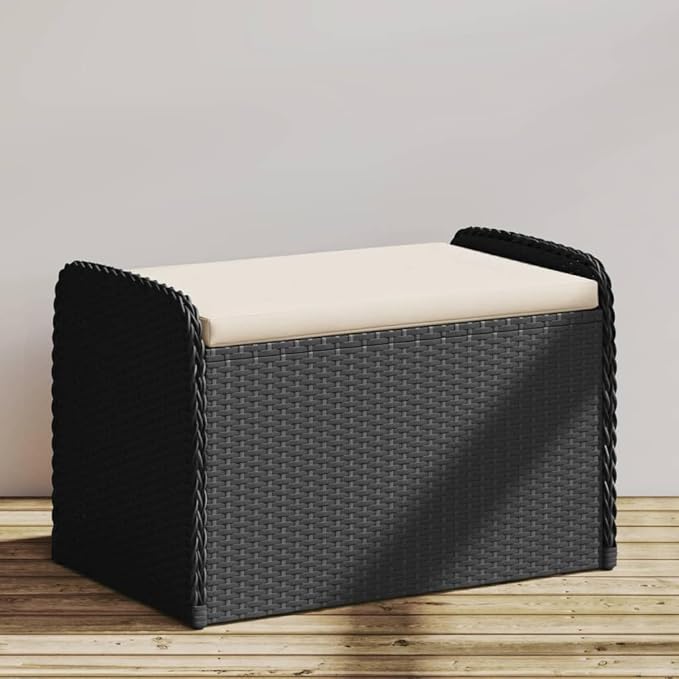 vidaXL Outdoor Garden Storage Bench with Cushion - Weather- Black Poly Rattan, Padded Seat, UV Protection, Easy Maintenance, 31.5"x20.1"x20.5"