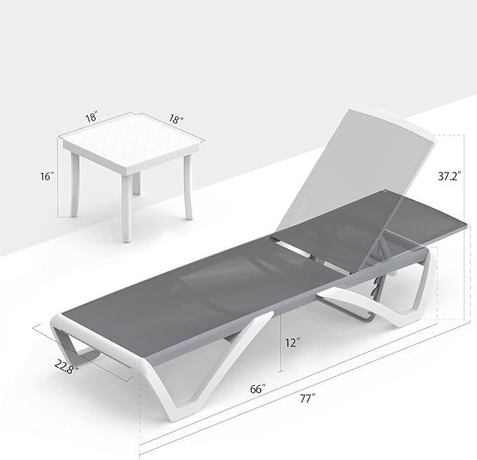 Domi Outdoor Lounge Chair, Aluminum Patio Chaise Lounge with 5 Position Adjustable Backrest and Wheels, All Weather Reclining Chair with Side Table for Patio, Yard,Balcony,Poolside (Grey)