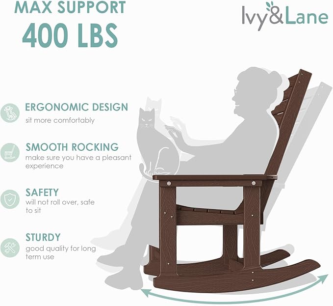 IVY&LANE Outdoor Rocking Chairs Set of 2 | Porch-Rockers | Dark Brown Wood Grain | HDPE Plastic | All-Weather | High Back | Wide Seat | Oversized Patio Rocker for Adult | for Outside Deck Balcony