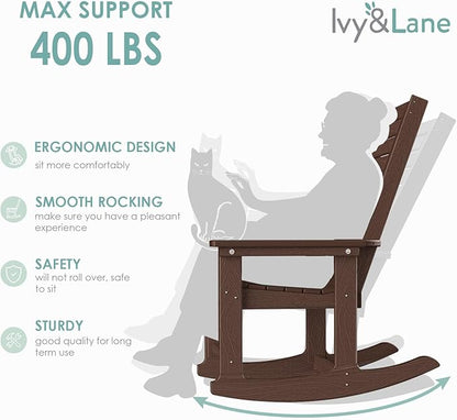 IVY&LANE Outdoor Rocking Chairs Set of 4 | Porch-Rockers | Dark Brown Wood Grain | HDPE Plastic | All-Weather | High Back | Wide Seat | Oversized Patio Rocker for Adult | for Outside Deck Balcony