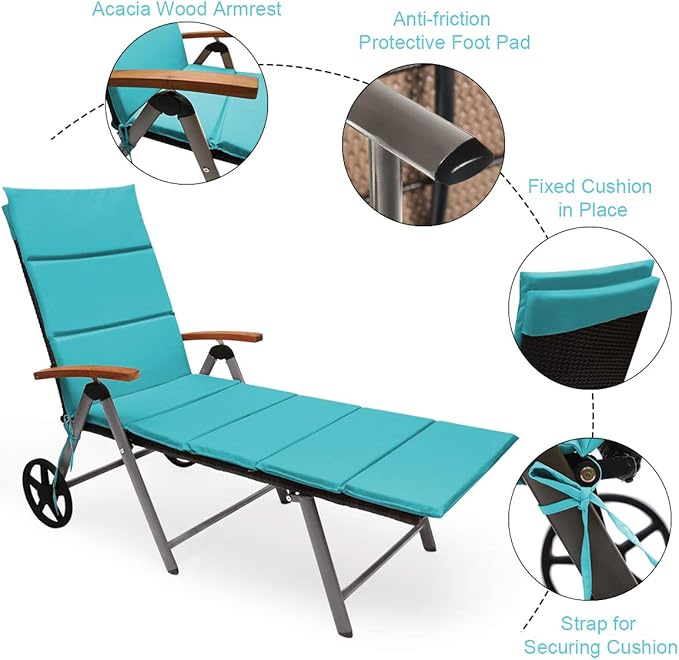 COSTWAY Folding Rattan Lounge with Wheels, Aluminum Patio Lounger with 7 Adjustable Positions, Soft Cushion - Photo 8