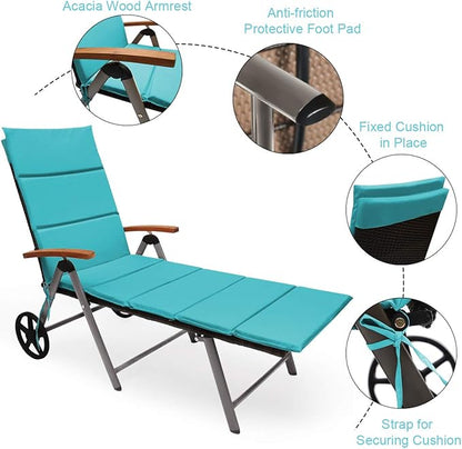 COSTWAY Folding Rattan Lounge with Wheels, Aluminum Patio Lounger with 7 Adjustable Positions, Soft Cushion, Ideal for Outdoor Use (Turquoise)