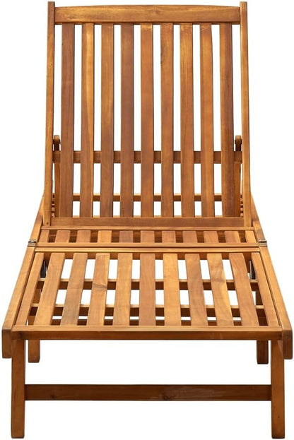 Solid Acacia Wood Sunlounger with Adjustable Backrest and Removable Cushion, 4-Position Recliner with Wheels and Pull-Out Table for Outdoor Patio Garden Relaxation
