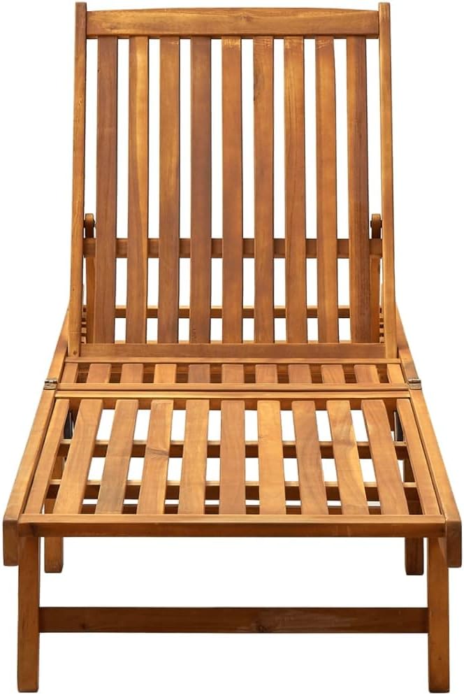 Solid Acacia Wood Sunlounger Outdoor 24.8x78.7x33.5 in with 4-Position Reclining Backrest Pull-Out Side Table Wheels - Photo 3