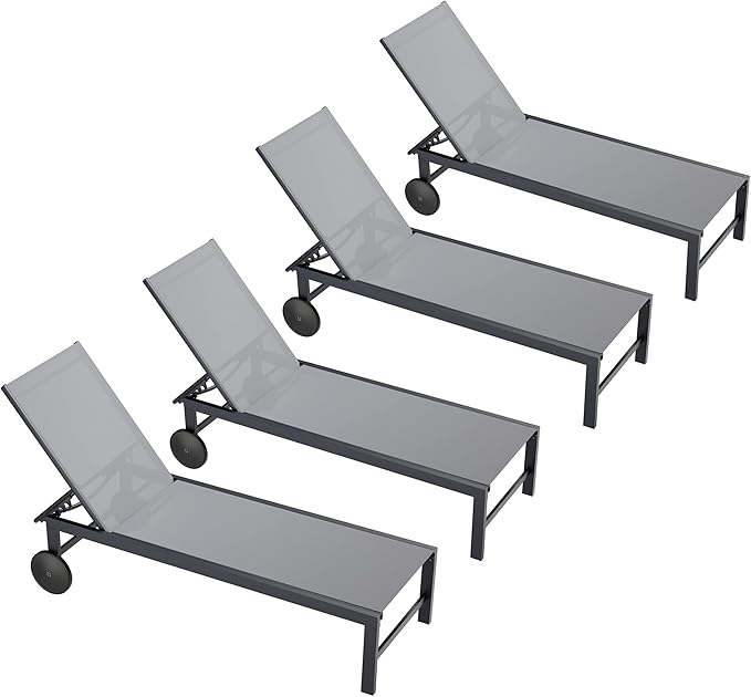 QAQA 4 PCS Outdoor Chaise Lounge with Wheels, Aluminum Patio Lounge Chairs with 5 Adjustable Positions for Poolside, Beach, Yard, Light Grey