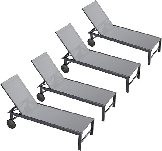 QAQA 4 PCS Outdoor Chaise Lounge with Wheels, Aluminum Patio Lounge Chairs with 5 Adjustable Positions for Poolside, Beach, Yard, Light Grey