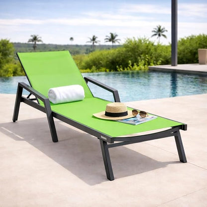 LeisureMod Marlin Patio Chaise Lounge Chair, Adjustable Outdoor Black Aluminum Lounge with Breathable Mesh Sling Back, Lightweight Poolside Reclining Sun Lounger Weather & UV Resistant (Green)