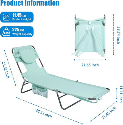 SunnyFeel Lounge Beach Chair for Adults with Face Hole, Backpack Reclining Beach Chairs Lay Flat, Sun Face Down Tanning Chair, Portable Folding Camping Cot for Outside Pool, Sunbathing, Reading