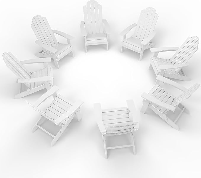 MXIMU Folding Adirondack Chair for Outdoor: Easy to Assemble and Comfortable Adirondack Chairs Set of 8 - All Weather Composite Plastic Chair for Outside Fire Pit Patio Lawn Garden Backyard Use(White)