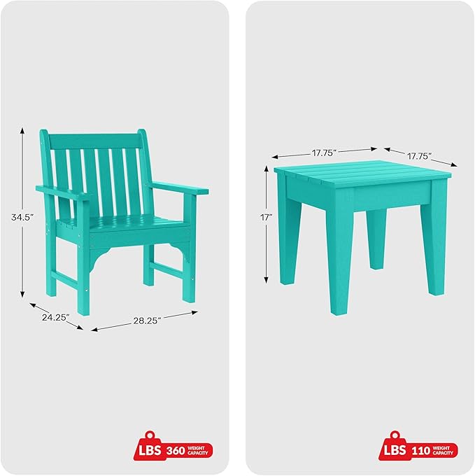 Costaelm Outdoor Patio Table and Chairs Set of 2, 2-Piece HDPE Garden Chair with Square Adirondack Side Table Set, Porch Chairs Coffee Table for Outside Porch Backyard, Turquoise
