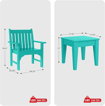 Costaelm 3 piece Patio Set, Outdoor Table and Chairs Set of 3, 3-Piece HDPE Garden Chair with Square Adirondack Side Table, Porch Chairs Coffee Table for Outside Porch Backyard, Turquoise