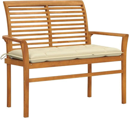 Teak Wood Garden Bench with Removable Cushion, Cream White Outdoor Seating for Patio, Balcony, or Garden, Durable and Comfortable 44.1 Inch Long Bench for Two