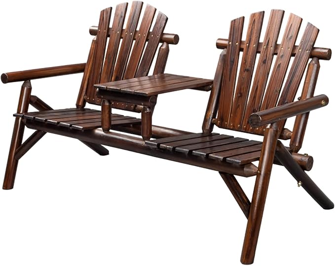VINGLI Outdoor Adirondack Bench with Built-in Table, Wood Garden Bench for Porch, Yard, Garden, Patio, Deck, Firepit, Pool