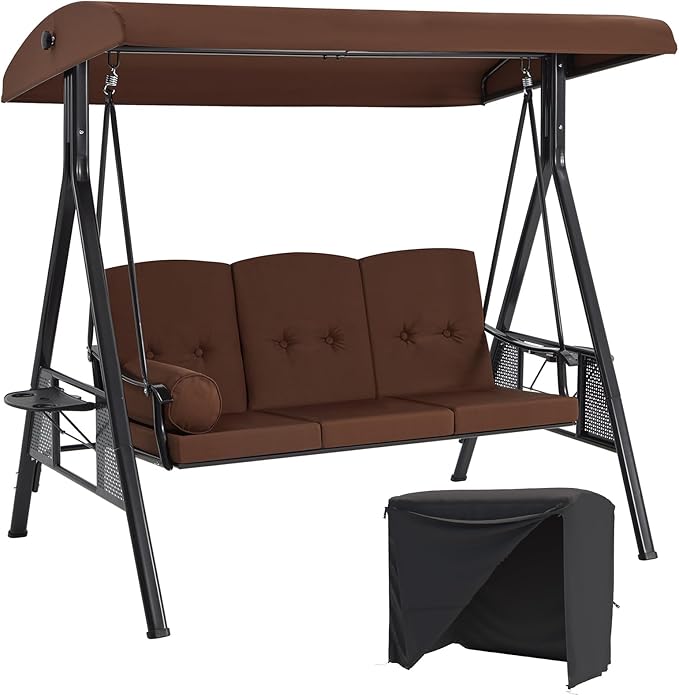 AECOJOY Outdoor Porch Swing with Cover, 3-Seat Patio Swings with Adjustable Canopy - Photo 1