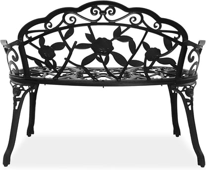 38.5” Outdoor Porch Bench with Hollow Rose Design,Elegant Garden Bench Park Bench for Backyard,Iron Bench with Arms