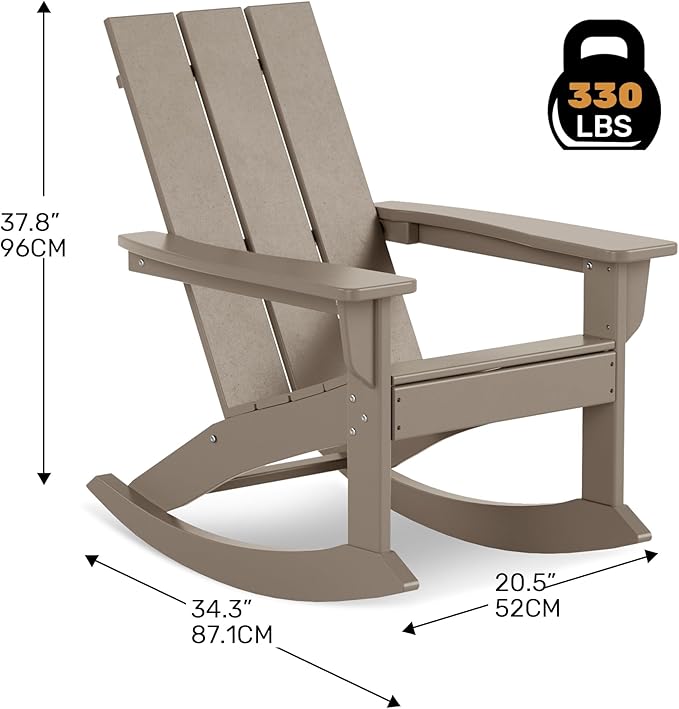 Costaelm Outdoor Adirondack Chair, All Weather Resistant Lawn Chairs Balcony Chair and Fire Pit Chairs, Patio Chair Outdoor Porch Rocking Chair High Back HDPE Poly Lumber, Weathered Wood