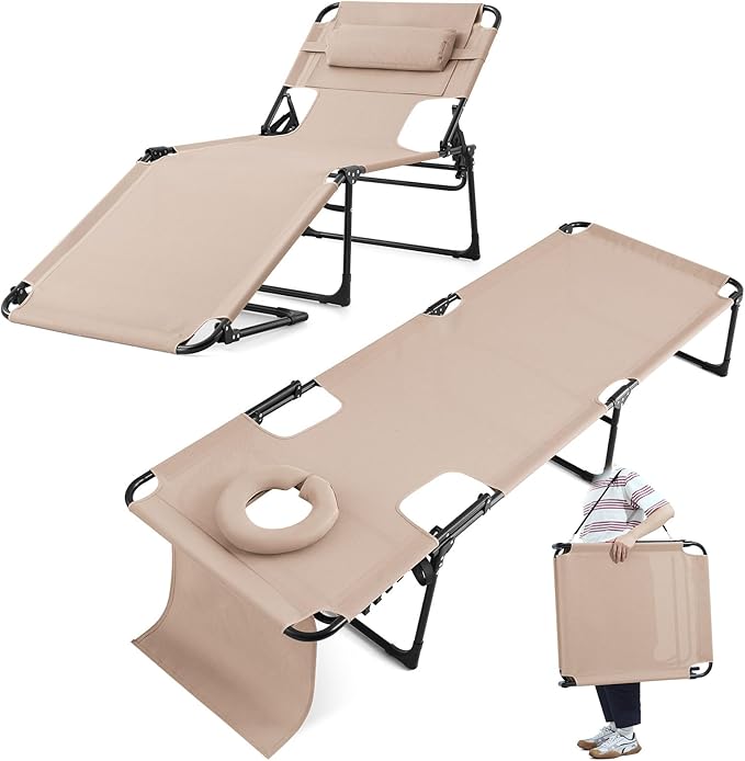KING BIRD Tanning Chair with Face Hole, 5-Position Folding Outdoor Beach Lounge Chair for Sunbathing - Photo 1
